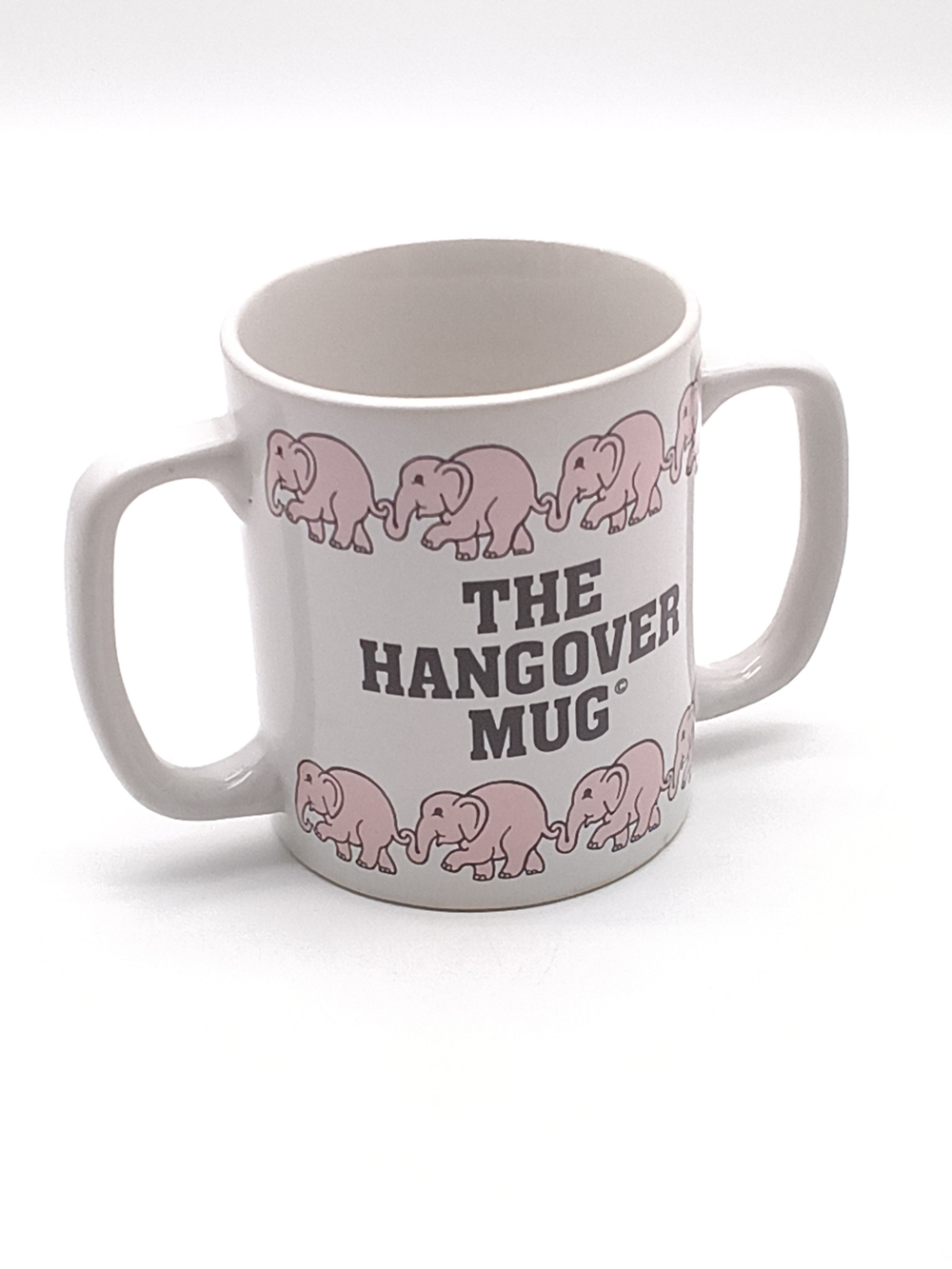 Vintage 1983 Double Handle THE HANGOVER MUG Pink Elephants Gag Gift